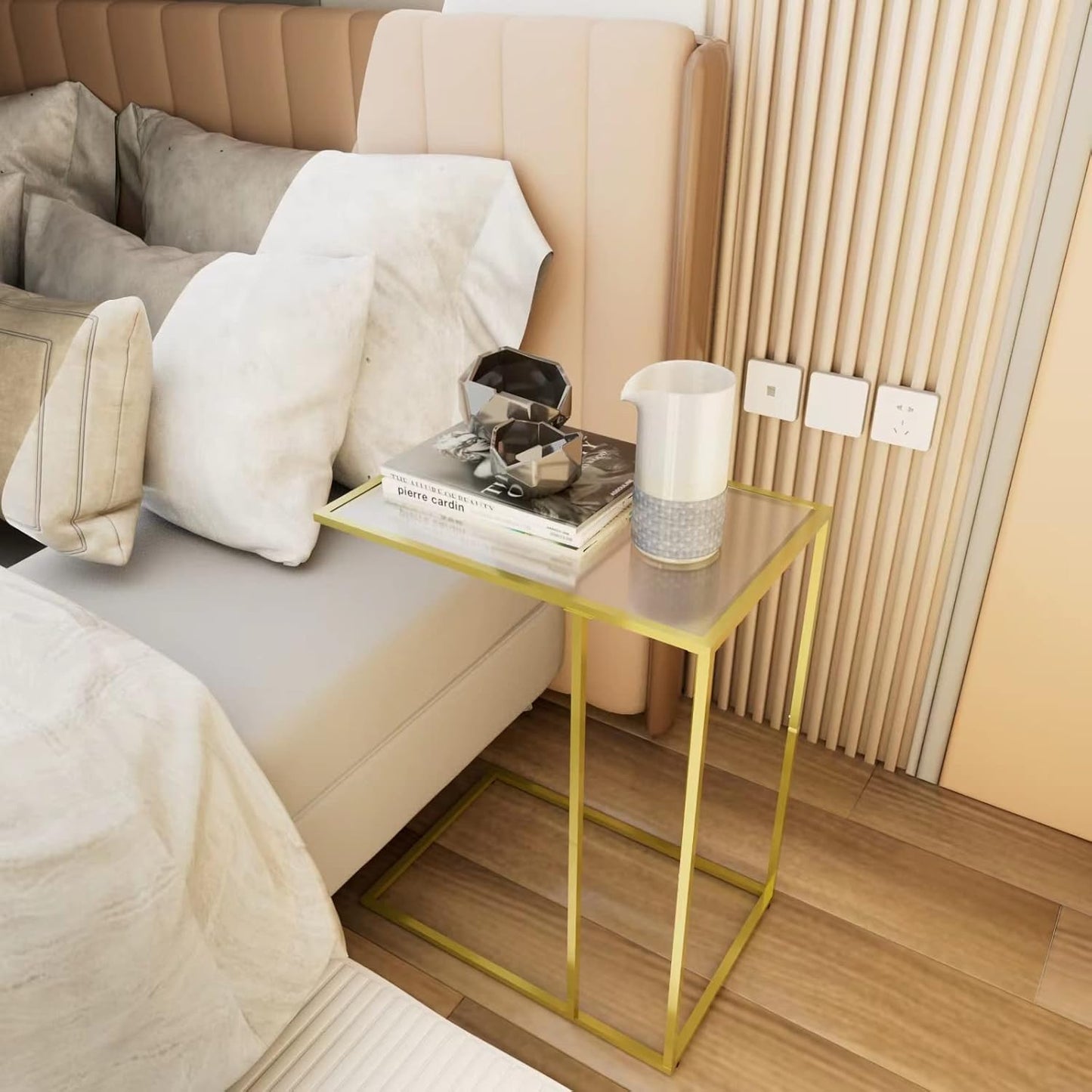 Adompacat C-Shaped End Table, Side Table for Couch,Sofa Snack Table with Tempered Glass & Metal Frame,Small TV Tray
