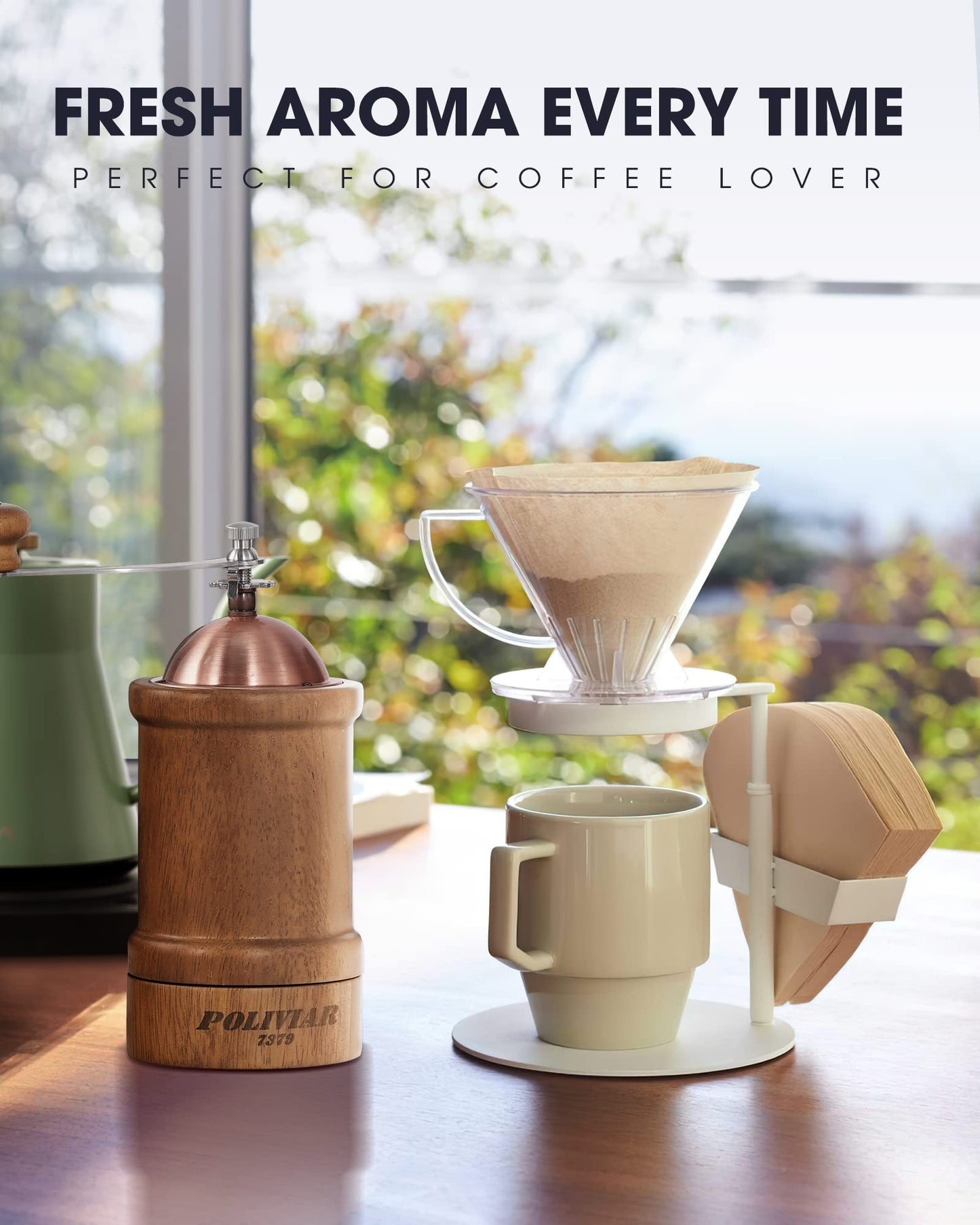 POLIVIAR Manual Coffee Grinder, Coffee Bean Grinder with Adjustable Ceramic Burr, Vintage Style Wooden Hand Coffee Grinder, Large Capacity Burr Coffee Grinder with Brush and Spoon (JX2022-CG20)
