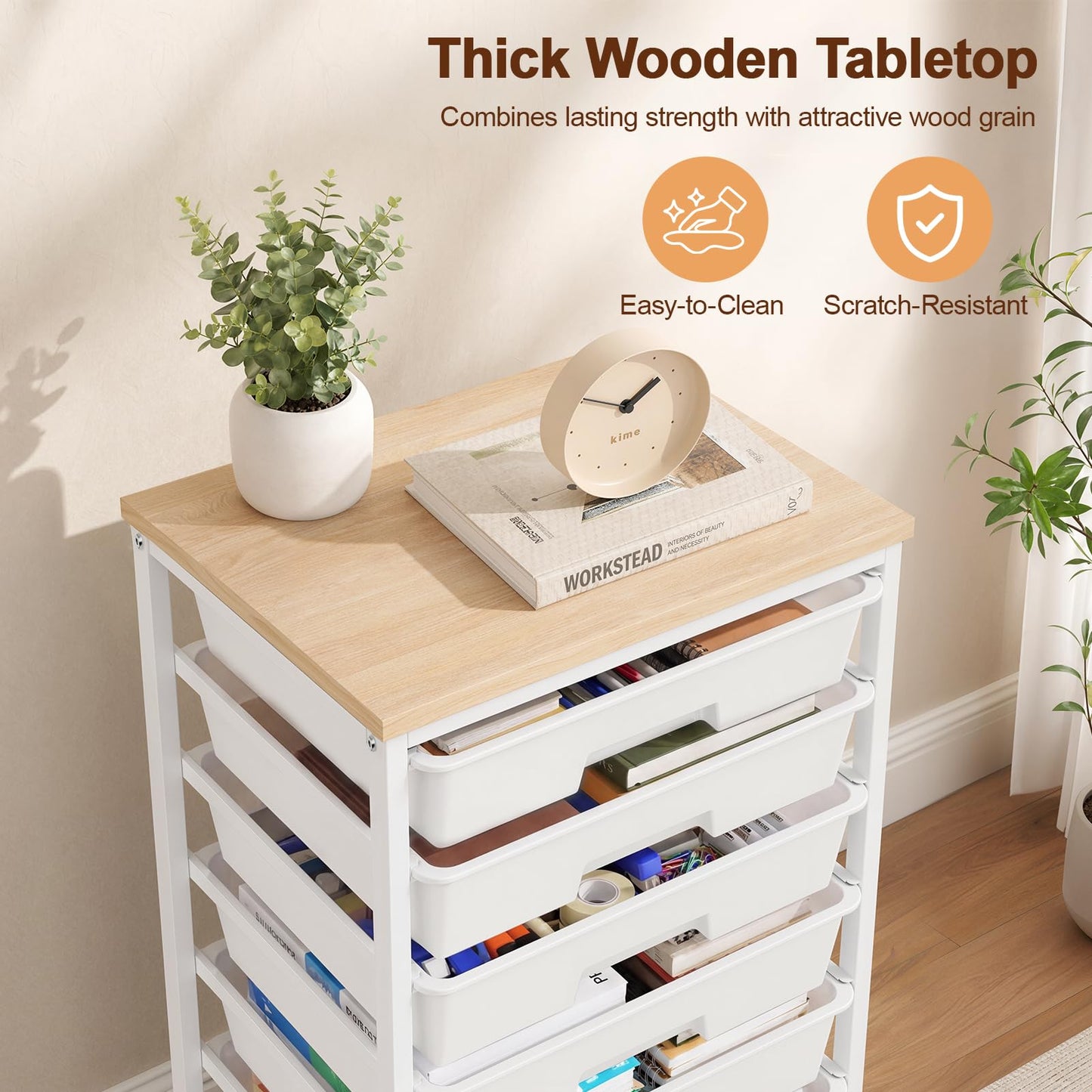 LEHOM Rolling Storage Cart with 8 Drawers, Utility Cart on Wheels with Metal Frame and Wooden Tabletop for Living Room Bedroom Dorm, Office Storage & Art Supply Craft Organizer for Classroom