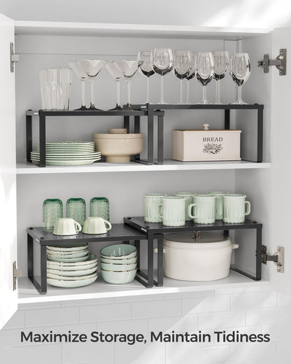 SONGMICS Spice Racks, Set of 2 Metal Cabinet Shelf Organizers, Countertop Organizers, Shelf Risers, Stackable, Expandable, Silver UKCS01SV
