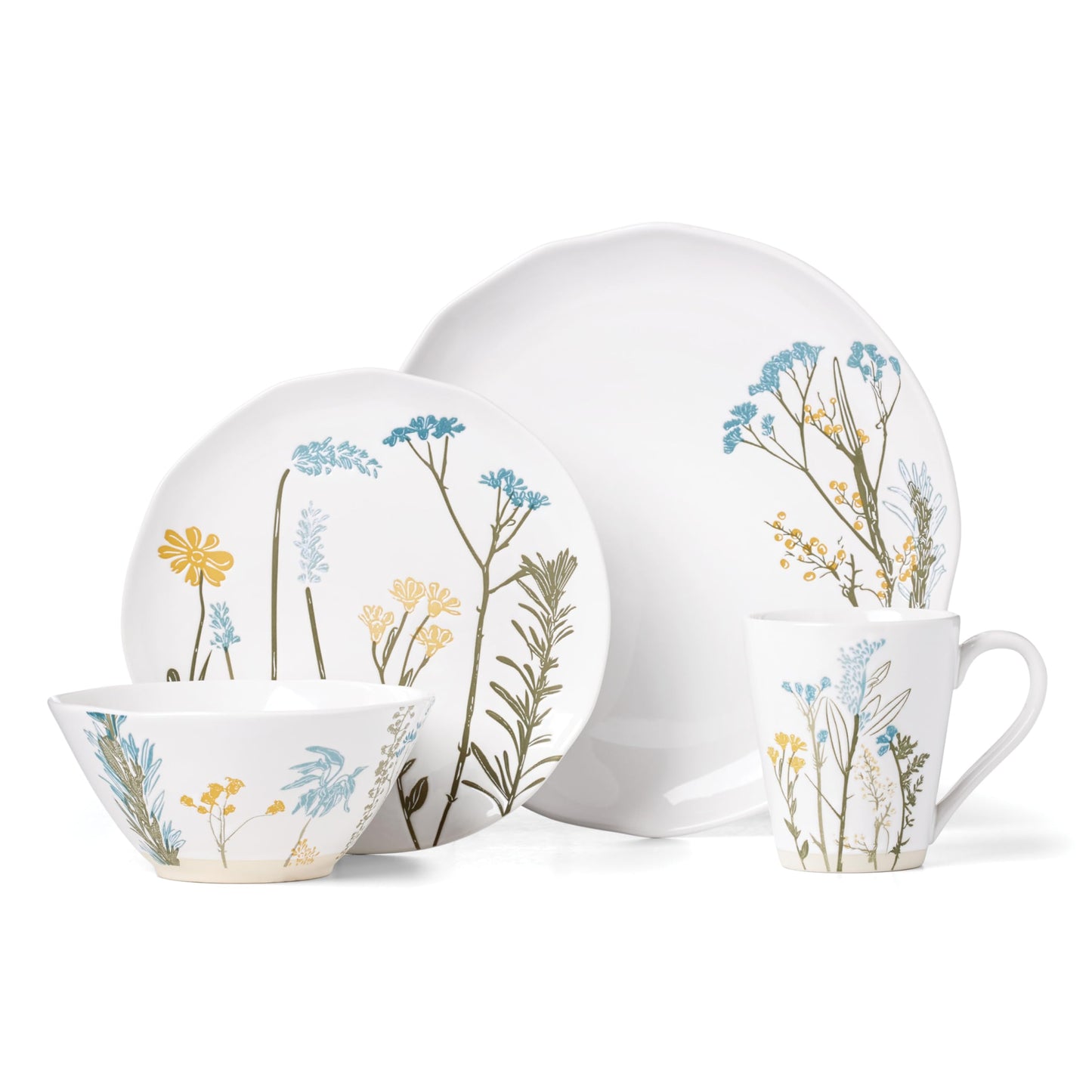 Lenox Dinnerware Sets, Wildflowers 16-Piece Dinnerware Set, Service For 4, Stoneware Material, Dishwasher Safe, Microwave Safe, Bowls, Plates And Bowls, Dinner Dishes, Includes Mugs (White, 16 Piece)