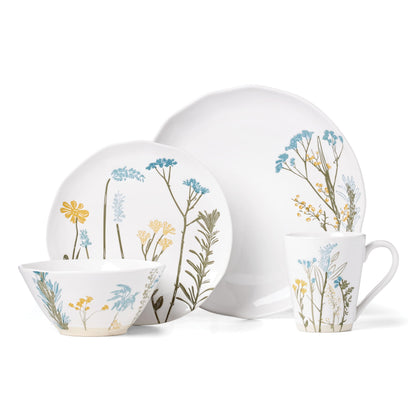 Lenox Dinnerware Sets, Wildflowers 16-Piece Dinnerware Set, Service For 4, Stoneware Material, Dishwasher Safe, Microwave Safe, Bowls, Plates And Bowls, Dinner Dishes, Includes Mugs (White, 16 Piece)