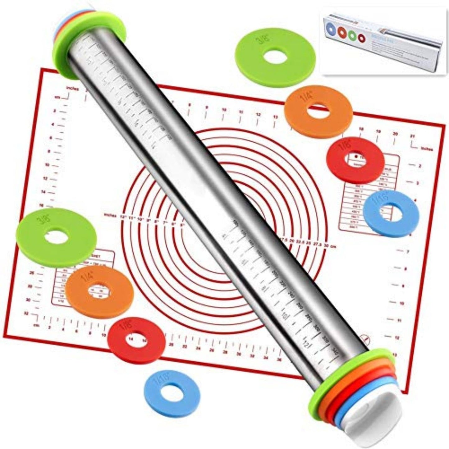 Rolling Pin with Adjustable Thickness Rings and Silicone Baking Pastry Mat Set for Baking,Stainless Steel Dough Roller,Baking Supplies for Cookie Fondant Pizza Cake Pasta(Red)
