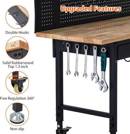 Workbench Adjustable Heavy-Duty 60" L X 22" W Workbench with Power Outlet, Drawers, Pegboard, and Wheels – 2200 Lbs Capacity Rubber Wood Top, Rolling Work Benchesfor Garage, Workshop, Home, Office