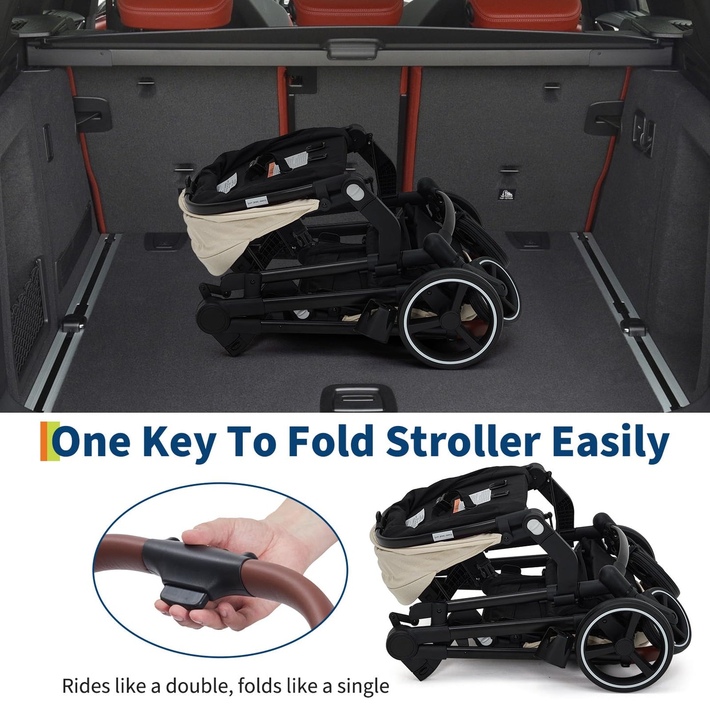 Tandem Double Stroller for Twins, Foldable Baby Stroller for Newborns 0-6 Months, Reversible Adjustable Seats, Shock-Absorbing Swivel Wheels & One-Step Brake, Storage Basket & Sun Canopy, Beige