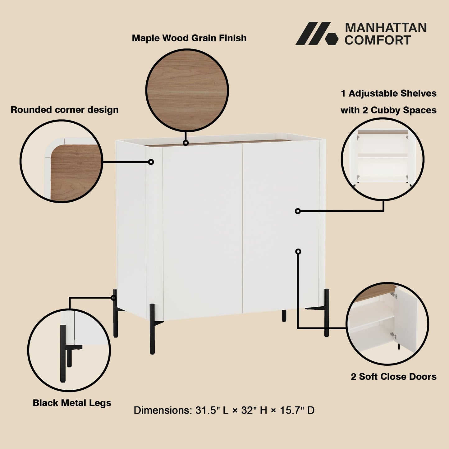 Manhattan Comfort Abbey 2 Piece Set, 67" Sideboard and Accent Cabinet with Adjustable Shelves, Modern Tray Top Design, Soft Close Doors, Ideal for Dining, Living Room, and Bedroom, Maple and Off White