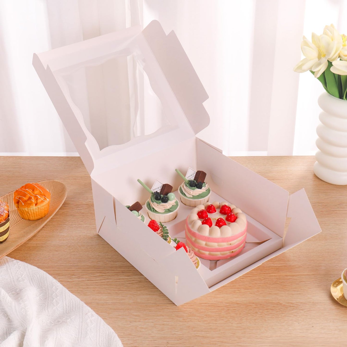 PFAMKEER Bento Cake Box With Cupcakes, Clear Window 6 Holes Bento Combination,6 Sets: Cookie Boxes Fit 5 Regular Cupcake and Mini Cakes, Christmas Wedding Birthday Party (White/clear, 1+5/6pcs)