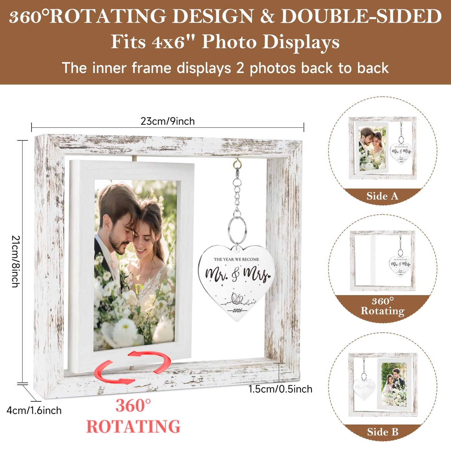 PIKPEOD Wedding Gifts for Couples 2026, Engagement Gifts for Couples, Personalized Mr and Mrs Wedding Gift for Newlyweds, Bridal Shower Gift for Bride to Be, Rotating Floating Wedding Picture Frame 4x6