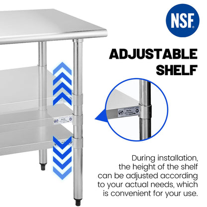 Hally Stainless Steel Table for Prep & Work 24 x 72 Inches, NSF Commercial Heavy Duty Table with Undershelf and Galvanized Legs for Restaurant, Home and Hotel