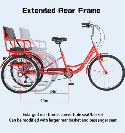 DONGSHAN Tricycle Adult Folding Bicycle Comfortable seat 3 Wheel Bicycle Rear Enlarged Vegetable Basket Double Chain 24in for Parents and Children Maximum Load 550lbs (24in-7speed-red)