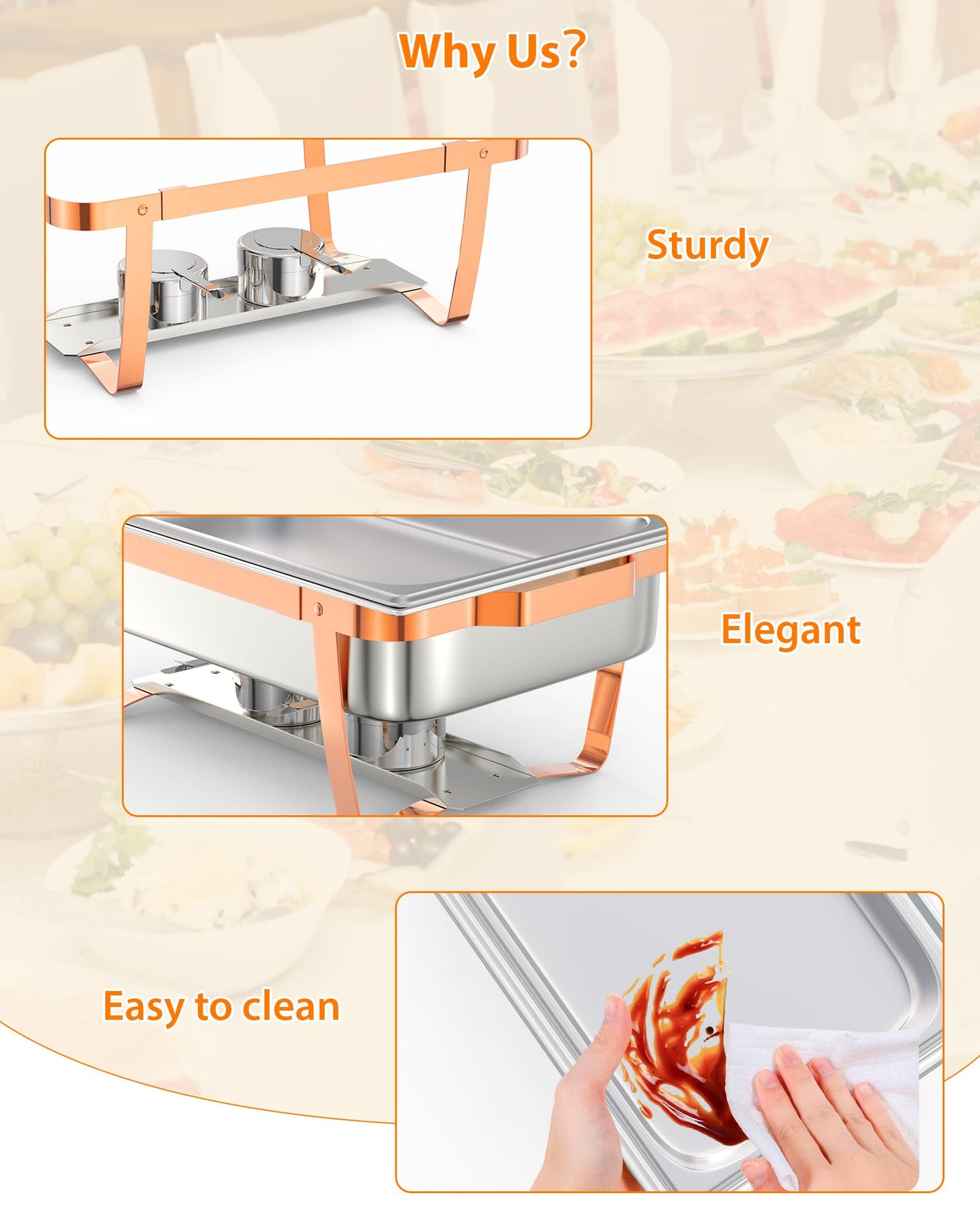 GarveeHome Chafing Dish Buffet Set, 8QT 2 Pack, Rectangle Chafing Dishes for Buffet w/Lid Holder, Stainless Steel Chafer Food Warmers Servers for Kitchen Party Banquet Dining, Rose Gold