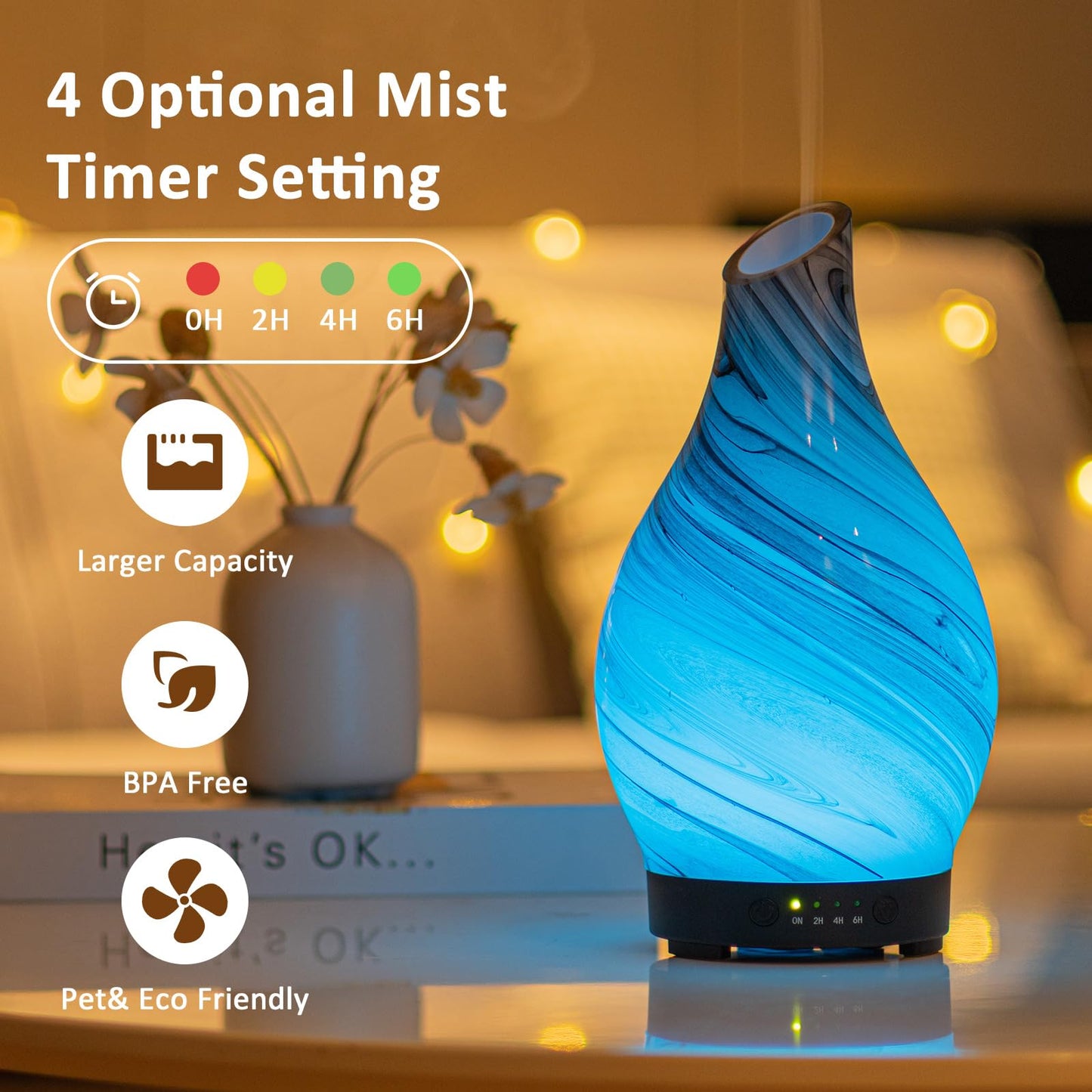 Essential Oil Diffuser 120ML Glass Ultrasonic Aromatherapy Oil Diffuser-Aroma Humidifier Glass Diffuser,7 Color Changing Light Waterless Auto-Off-Ultra-Quiet for Sleeping Yoga Home Office and Spa