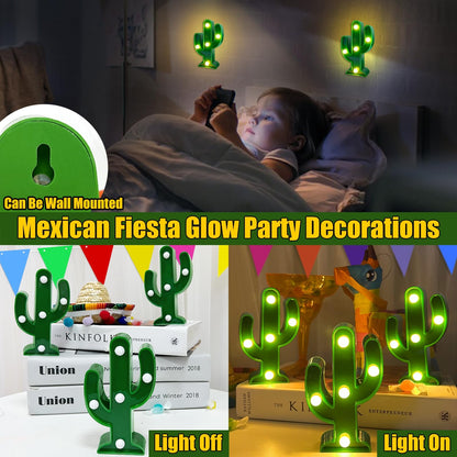 TURNMEON 3 Piece Cactus Decor LED Cactus Light Cinco De Mayo Decorations, Fiesta Mexican Party Decorations Green Cactus Night Light Table Lamps for Kid's Room Bedroom Home Decor (4.72 x 2.76 Inch)