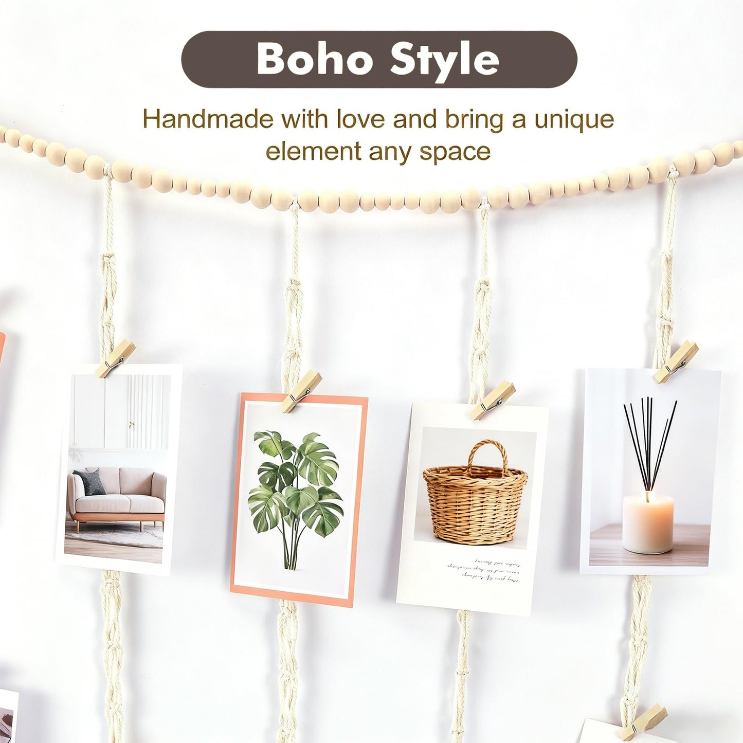Funvalley Surperfect Macrame Hanging Photo Display Wall Decor with String Lights, Boho Wooden Beads Garland Collage Picture Card Frame Holder with 45 Clips for Bedroom Living Room Dorm