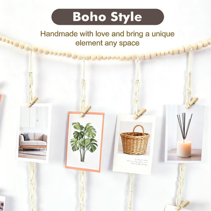 Funvalley Surperfect Macrame Hanging Photo Display Wall Decor with String Lights, Boho Wooden Beads Garland Collage Picture Card Frame Holder with 45 Clips for Bedroom Living Room Dorm