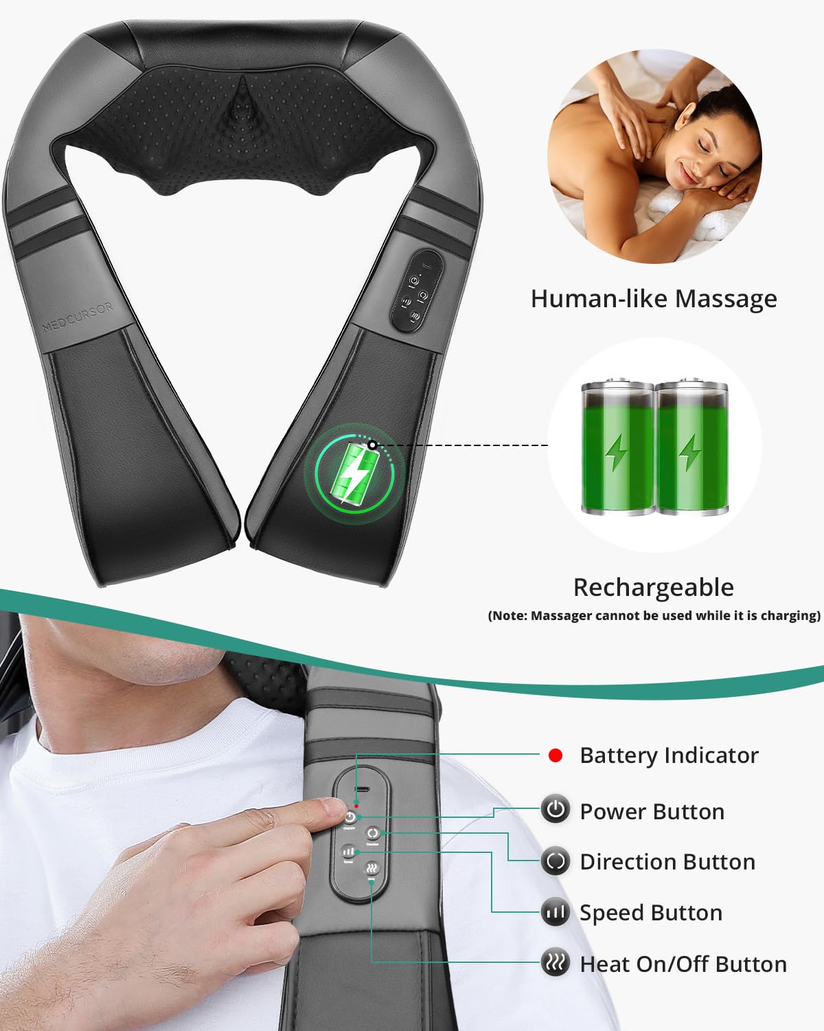 Medcursor Neck Massager, Portable Electric Shiatsu Back Massage Device with Heat, Deep Tissue 3D Kneading Pillow for Muscle Pain Relief (No Battery)