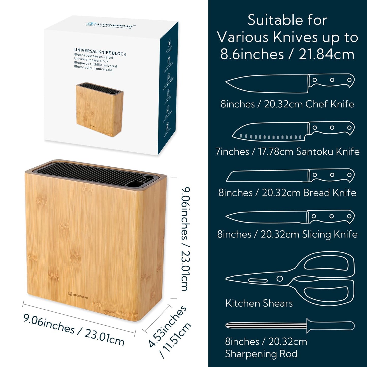 KITCHENDAO XL Bamboo Universal Knife Block Holder with Slots for Scissors and Sharpening Rod, Safe, Space Saver Knives Storage Stand Display without Knives, Unique Slot Design to Protect Blade