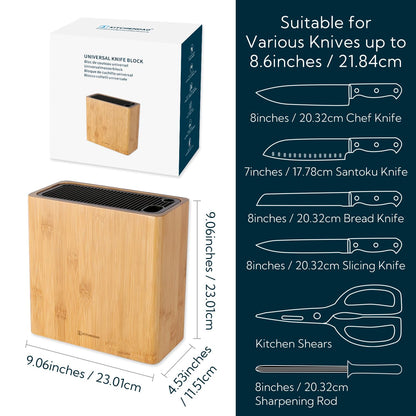 KITCHENDAO XL Bamboo Universal Knife Block Holder with Slots for Scissors and Sharpening Rod, Safe, Space Saver Knives Storage Stand Display without Knives, Unique Slot Design to Protect Blade