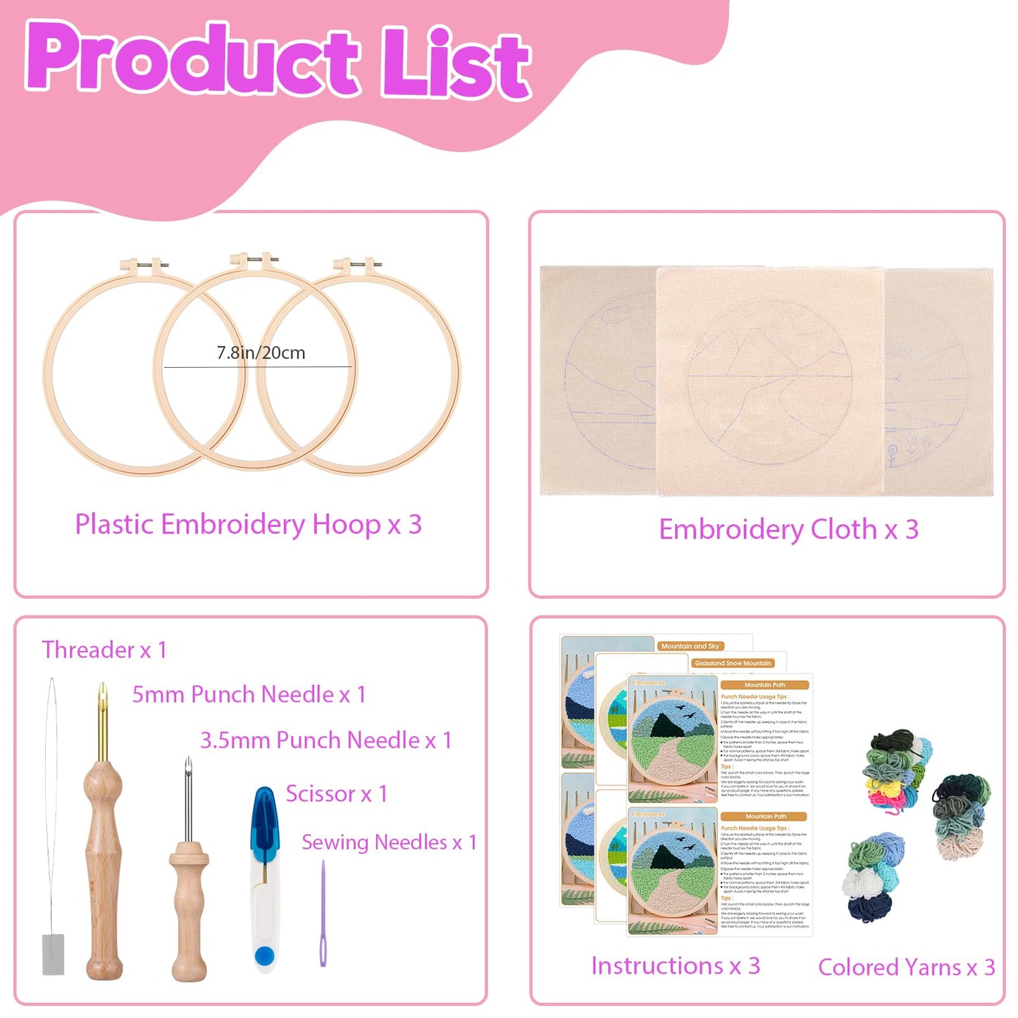 Cheloment 3 Sets Punch Needle Kits for Beginners,Includes Needles,Pattern Fabric,Yarns and Hoops, Needle Punch Kits for Adults&Kids,Easy to Learn,Stress Relief,Great for Home Decor