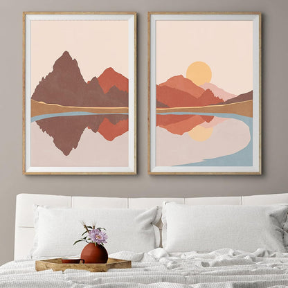 Bankrenart Nature Landscape Wall Art Prints, Mid Century Boho Mountain Sun Lake Wall Art, Modern Canvas Prints