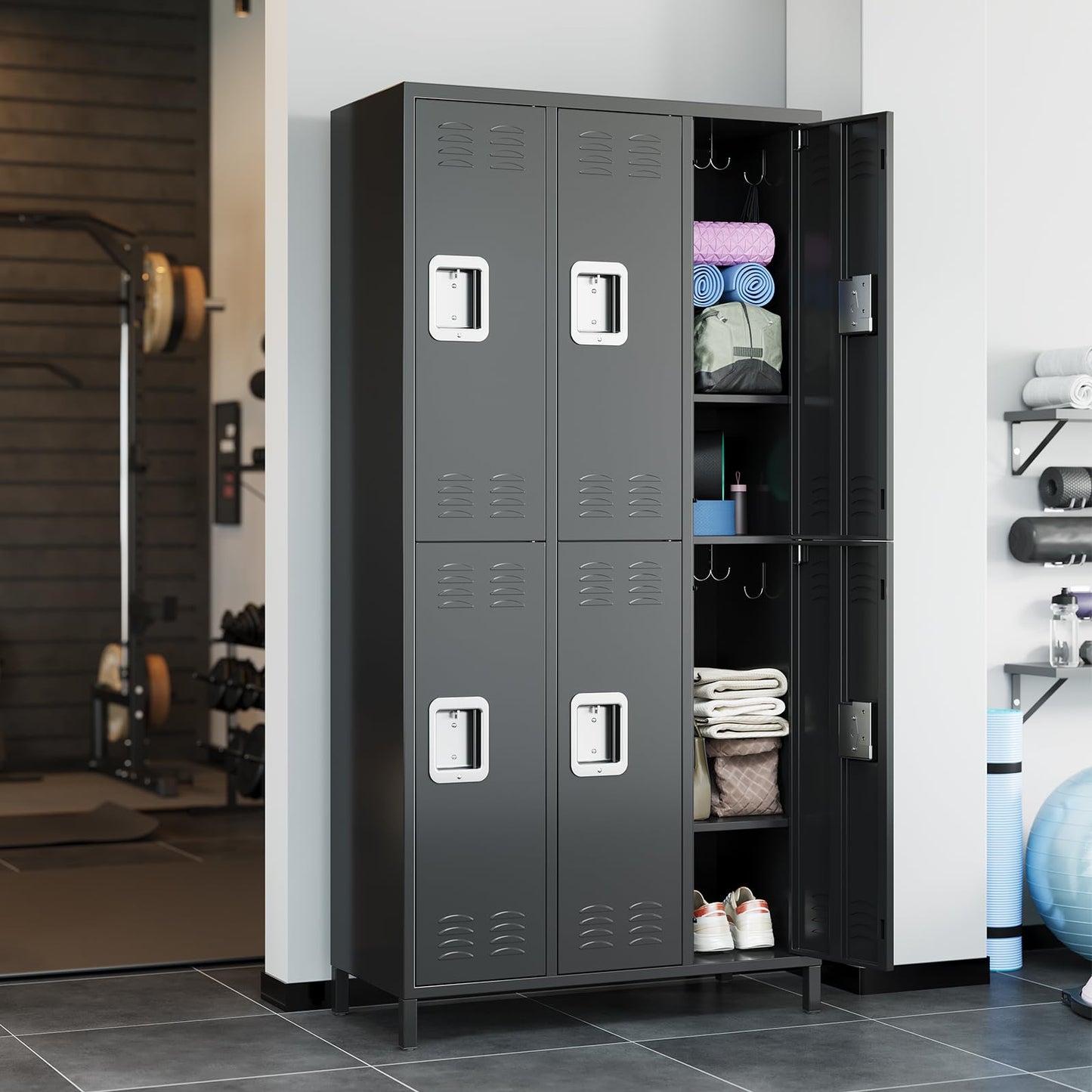 Heavy Duty Metal Storage Locker Cabinet – 6 Lockable Doors, Hooks, Shelf, Ventilated Design – Tall Steel Office Organizer for School, Gym, Garage – Secure Storage Rack, Black