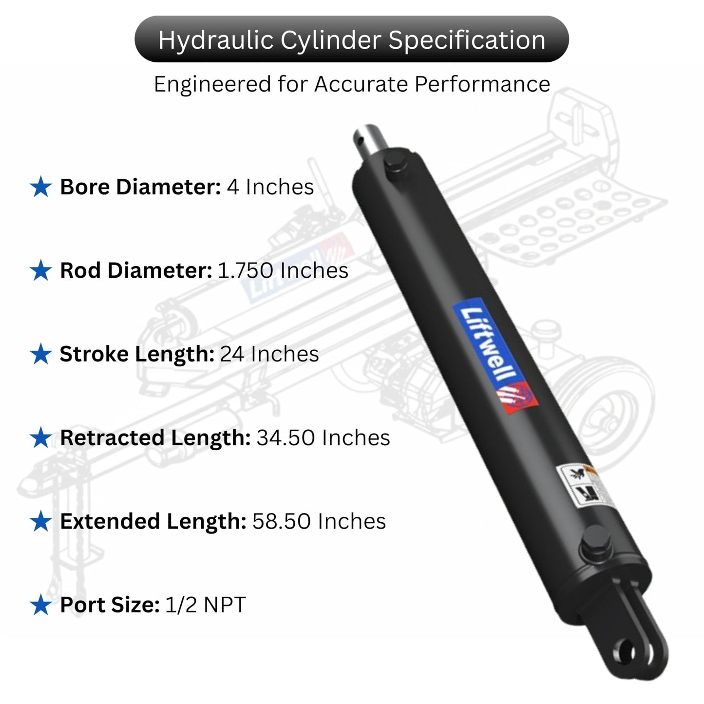 4x24 Hydraulic Log Splitter Cylinder – 4" Bore x 1.75" Rod x 24" Stroke with 1/2" NPT Ports, Welded Double Acting Hydraulic Cylinder for Wood Splitters – Heavy-Duty Log Splitter Cylinder 4x24
