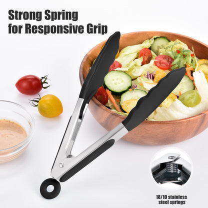 Doosu Kitchen Tongs for Cooking - 600°F Heat Resistant Food Tong Set with Non-Scratch Silicone Tips, Heavy Duty Stainless Steel Locking Tong for BBQ, Grilling Steak, Serving Salad (7+9+12in, Black)