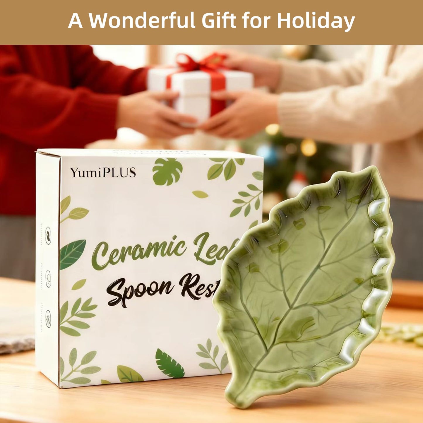 YumiPLUS Ceramic Leaf Shape Spoon Rest for cooking, Cute Green Cooking Spoon Holder for Stove Top,Large Porcelain Spatula Rest for Kitchen Counter, Farmhouse Kitchen Decor (green)