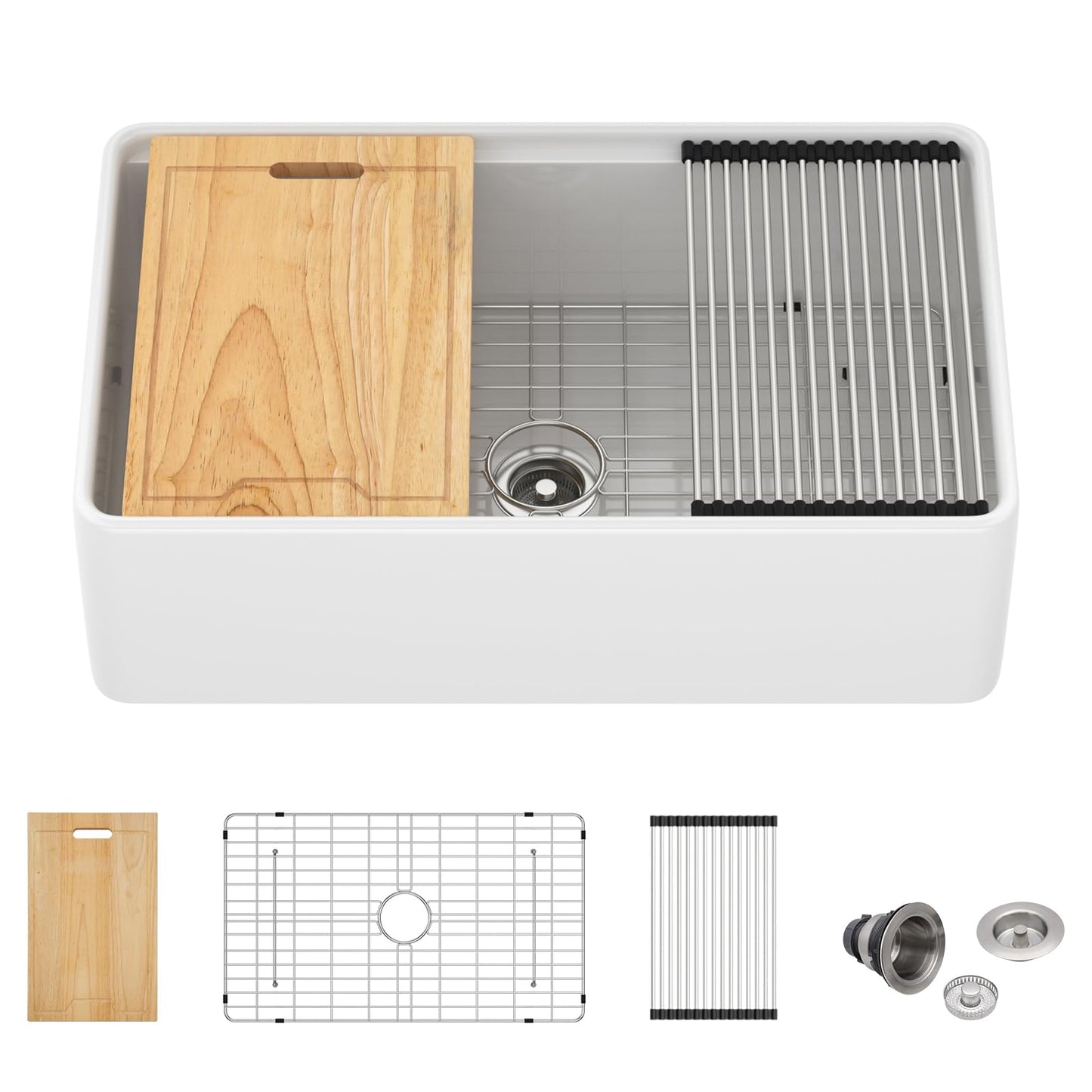 GhomeG 30 White Farmhouse Sink 30x20x10 Inch White Fireclay Apron Front Kitchen Sink Single 10 Inch Deep Ceramic Farm Farmer Style Workstation Basin