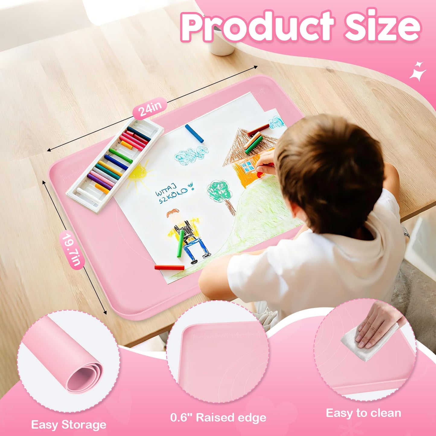 Large Silicone Mat for Crafts, 24"X19.7" Art Mat with Raised Edges for Clay, Resin, Slime, Jewelry-Making Table Protection Heat-Resistant Paint Mats, pink