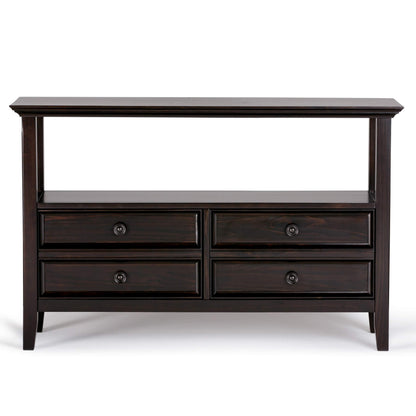 SIMPLIHOME Amherst Console Table - 48 Inch Wide Solid Wood Sofa Table in Hickory Brown, Transitional Storage Table for Entryway or Living Room with 2 Deep Drawers and Large Open Shelf