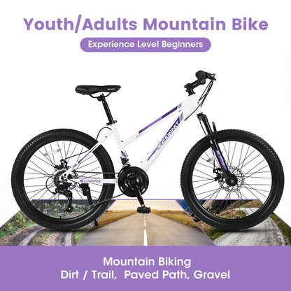 Ecarpat Women's Mountain Bike 24 Inch Wheels, 21-Speed Trail Commuter City Mountain Bikes, 15"/17" Carbon Steel Frame Female Bicycles Disc Brakes Front Fork, White