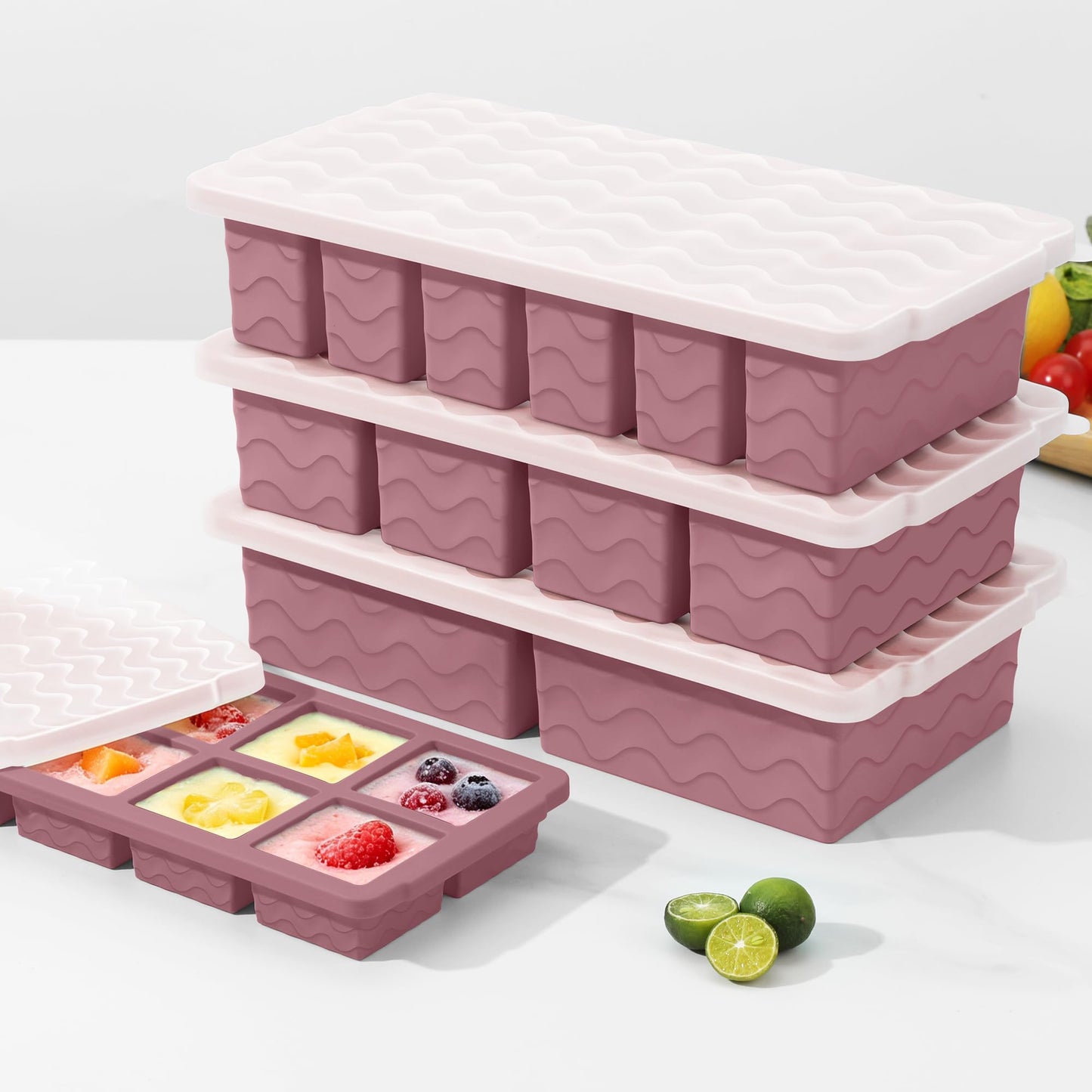 Silicone Freezer Trays with Lid (4-Pack), 1-Cup, 2-Cup, 1/2-Cup & 2-Tbsp Silicone Freezer Molds, Stackable Soup Freezer Meal Prep Containers,Ice Cube Tray for Making Sauce,Smoothies,Yogurt Bites
