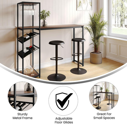 Flash Furniture Jura Metal Bar and Wine Table with Bottle and Stemware Storage, 2 Slanted Bottle Shelves, 3 Stemware Hangers, Waterproof Table Top, Black/Walnut