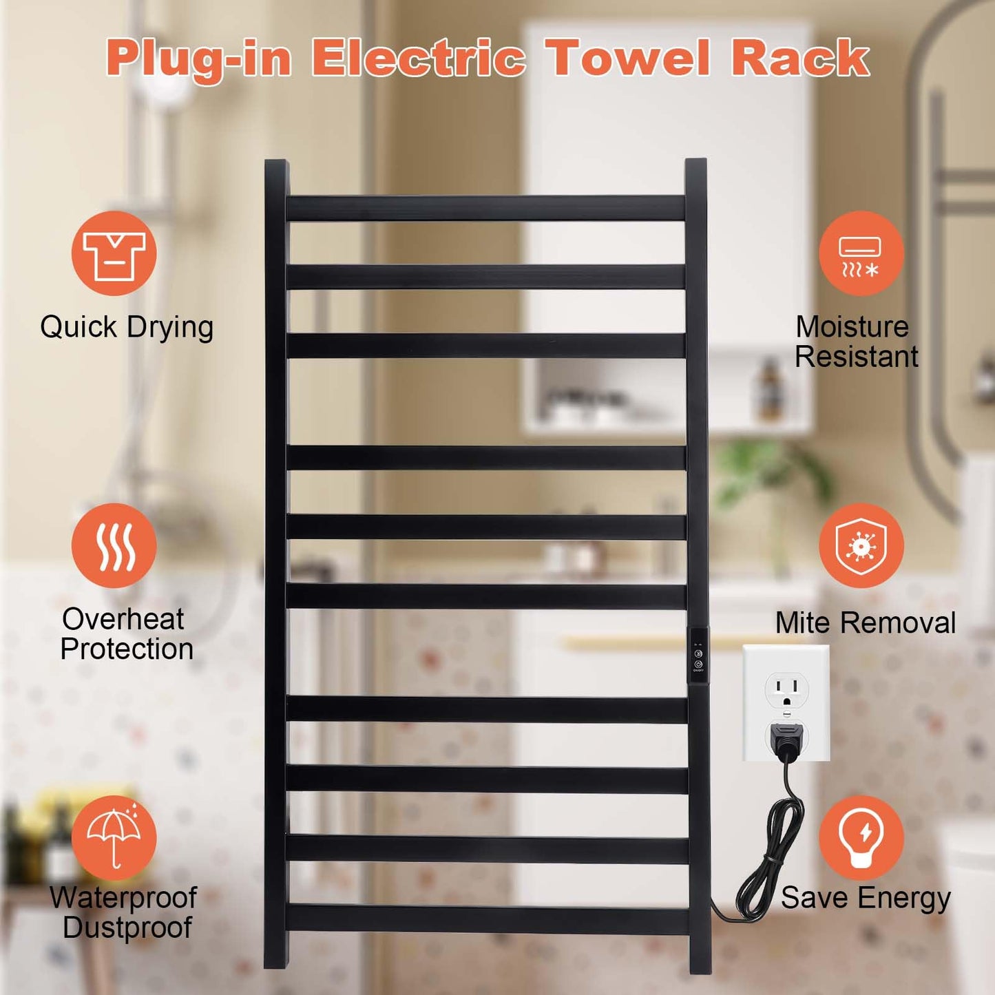 Towel Warmer Heated Towel Bar-Rack - Nopwer Bathroom Wall Mounted Electric Towel Drying Plug-in Matte Black 8 Bars