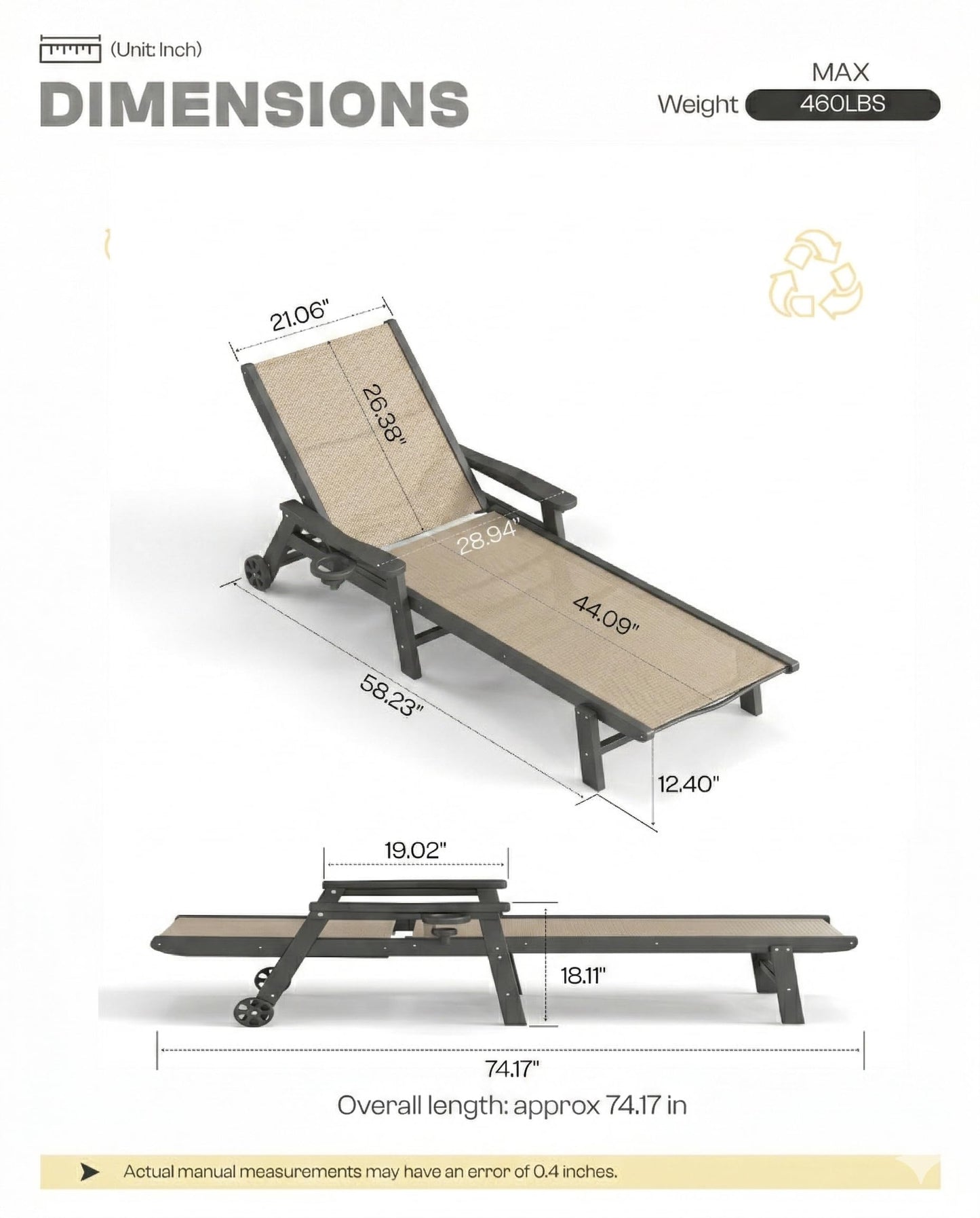 Tobeos Patio Chaise Lounge Chairs with Wheels & Cup Holder, All-Weather HDPE & Textilene Outdoor Pool Lounge Chairs, Grey Frame, Khaki Textilene, Set of 2
