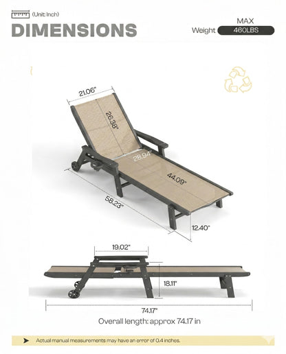 Tobeos Patio Chaise Lounge Chairs with Wheels & Cup Holder, All-Weather HDPE & Textilene Outdoor Pool Lounge Chairs, Grey Frame, Khaki Textilene, Set of 2