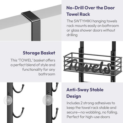 SWTYMIKI Hanging Towel Racks for Bathroom - 9 Tier Over The Door & Wall Mounted Bath Rolled Towel Storage Organizer Holder for Small Bathroom, RV, Camper, Black (Patented)