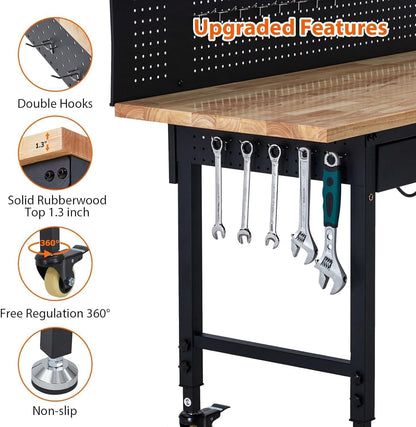 Adjustable Workbench for Garage, 48" Heavy Duty Rolling Work Bench with Power Outlet & Storage Drawer, 2000 LBS Capacity Solid Wood Top Shop Table for Workshop Home Office