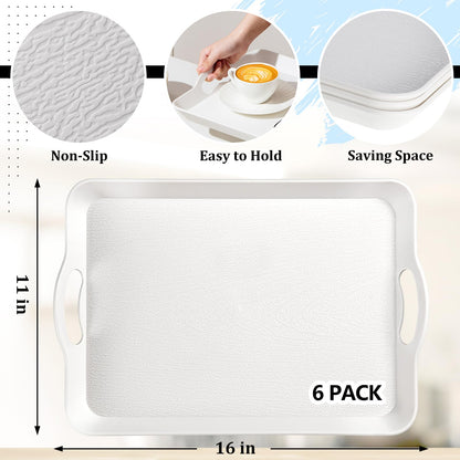 6 Pcs Serving Trays with Handles Trays for Eating 16 x 11 Inch Multi Purpose Plastic Tray Rectangular Anti Skid Decorative Food Tray for Restaurant Breakfast Countertop Party Kitchen (White)
