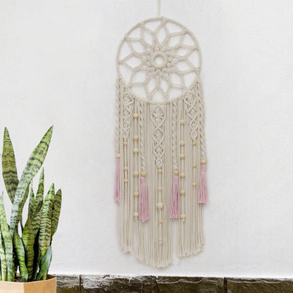 LB Boho Pink Macrame Wall Hanging Flower Dream Catcher Handmade Woven Cotton Tapestry with Wood beads Modern Aesthetic Wall Art Decor for Home, Bedroom, Living Room