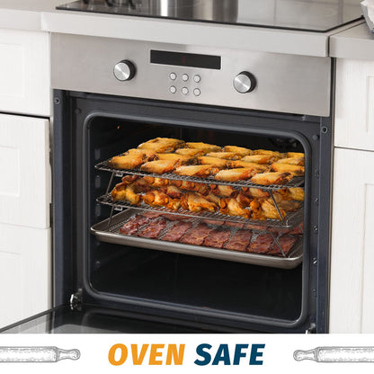 HIWARE Oven-Salf Collapsible Cooling Rack for Baking, 3 Tier 12”x 16.5”, Stainless Steel and Fit Half Sheet, Stackable Wire Cooling Racks for Cookie, Pizza, Cake