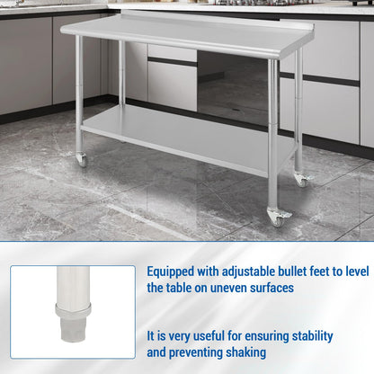 NSF Certified 60" x 24" Stainless Steel Work Table with Caster Wheels - Heavy Duty Prep Station with Adjustable Undershelf & Rear Backsplash - Mobile Commercial Kitchen Table for Restaurant, Garage &