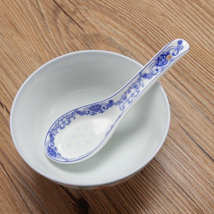 Set of 4 Porcelain Chinese Knot Blue Floral Soup Spoons, 5-Inch