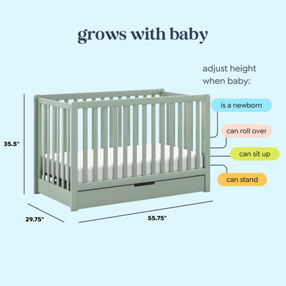 Carter's by Davinci Colby 4-in-1 Convertible Crib with Trundle Drawer in Light Sage, Greenguard Gold Certified, Undercrib Storage