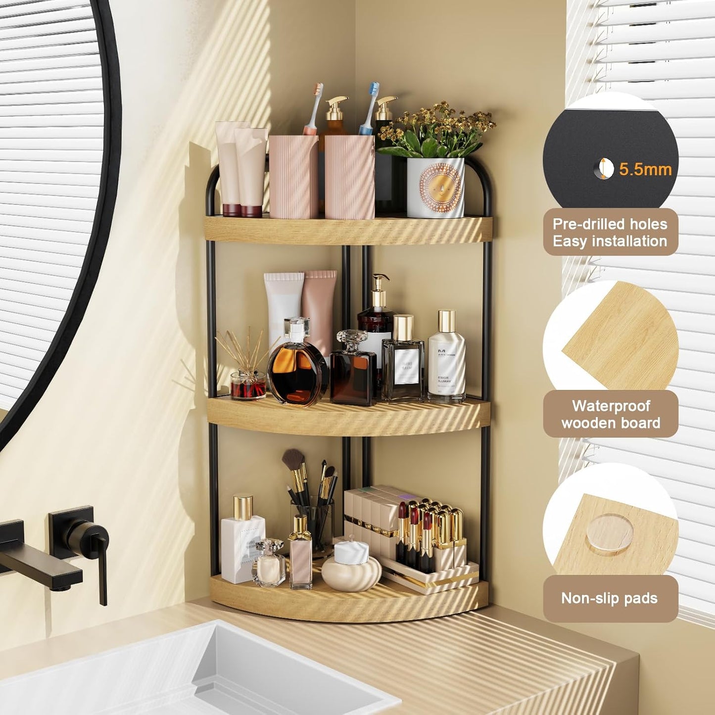 Counter 3-Tier Counter, Countertop Counter, Abiglifty Corner Bathroom Organizer, No Drill Corner Shelf Bathroom