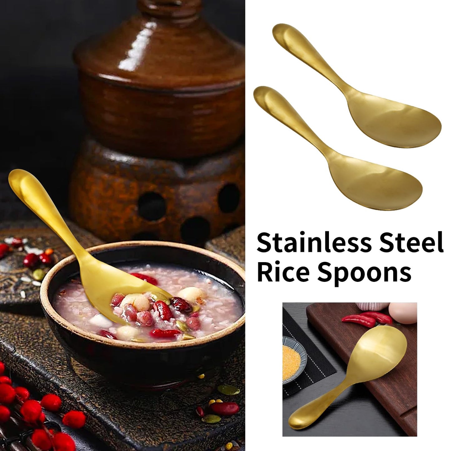 2 Pack 8 Inch Stainless Steel Rice Spoons, Thickened Heat Resistant Serving Spoon, for Kitchen, Gold
