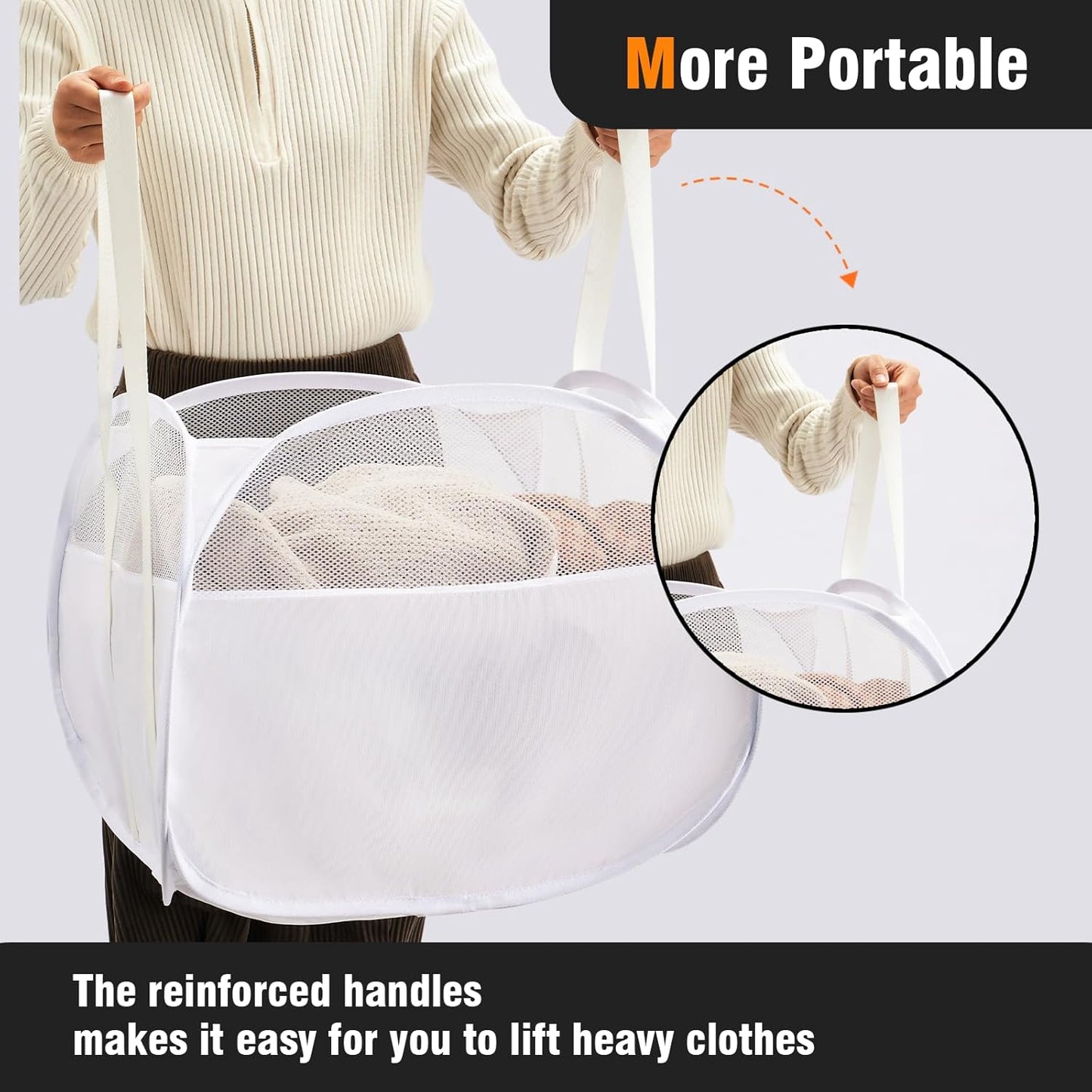 TECHMILLY Pop Up Foldable Laundry Basket, 90L Large Capacity Hamper for Dirty Clothes Storage, White