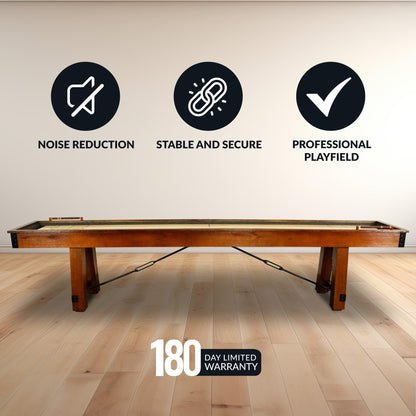 Hathaway Cheyenne 12 Ft Shuffleboard Table for Family Arcade Game Room - with Poly-Coated Playfield, Built-in Scorer & Cabinet, Climate Adjusters, Leg Levelers, 8 Pucks, Brush & Wax – Rustic Oak