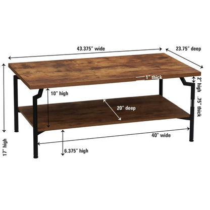 Household Essentials Crown Rectangular Coffee Table with Storage Shelf Rustic Hickory Wood Grain and Black Metal